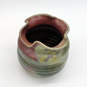 Signed Elizabeth BURE 1989 Crimped Edge Vase Mulberry Olive Glaze Studio Pottery